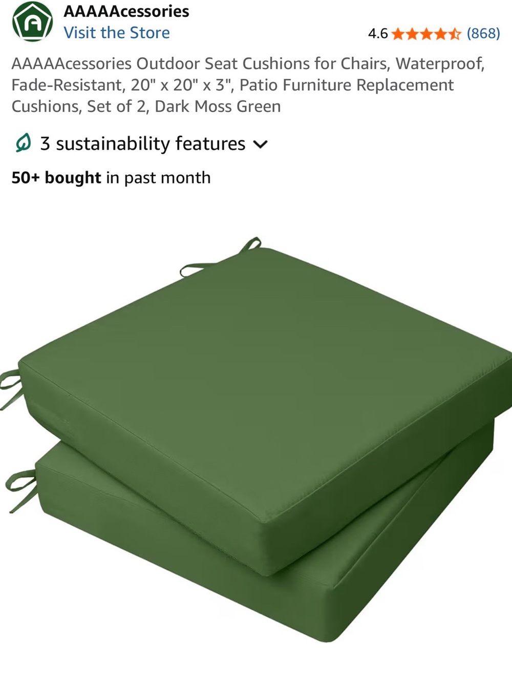 2 Patio Chair Cushions Waterproof Fade Resistant Outdoor Seat Moss Green 20x20x3